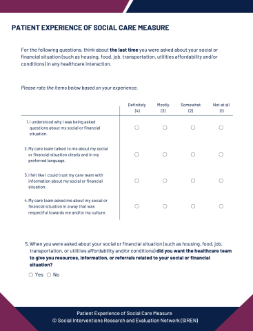 First page of Patient Expereince of Social Care Measure 